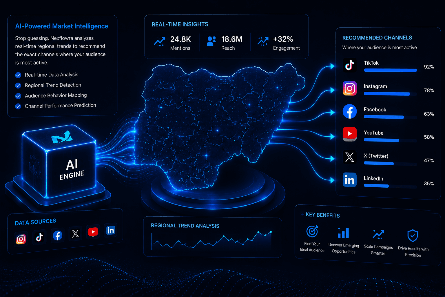 AI engine analyzing global market data on an interactive world map with channel recommendations.