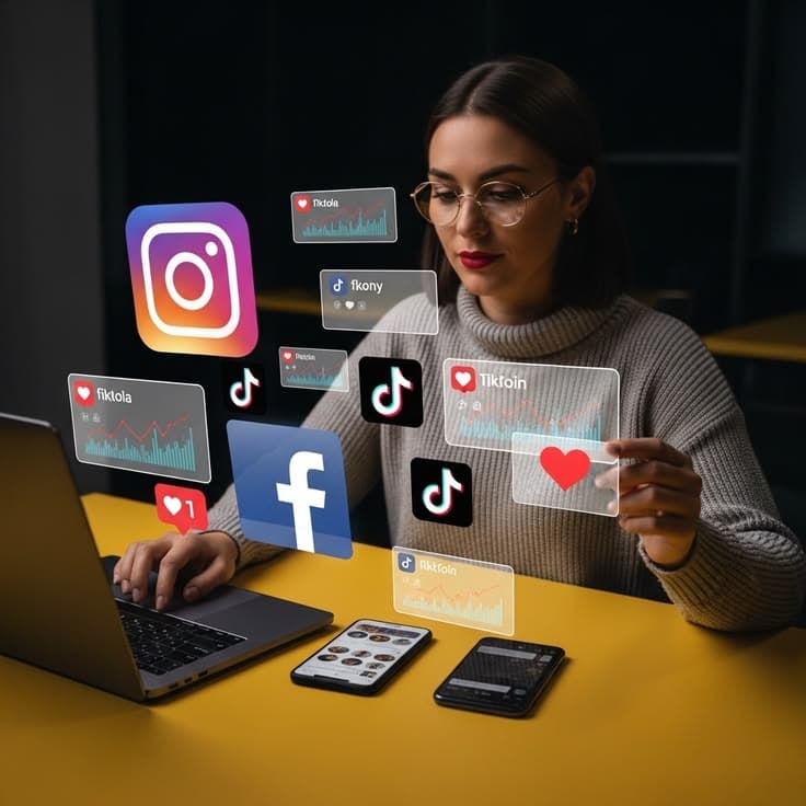 Professional managing connected social platforms with real-time data overlays.